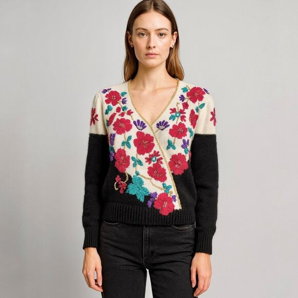 Vintage Jaclyn Smith Floral Embroidered Sweater Bold 80s Statement Size Large - Picture 1 of 16